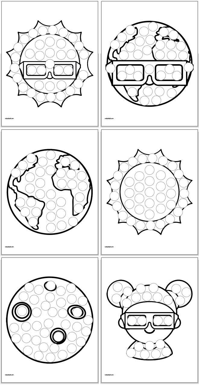 A preview of six solar eclipse themed riot marker pages, including:
a sun with sunglasses, Earth with sunglasses, earth, sun, moon, and a girl with glasses