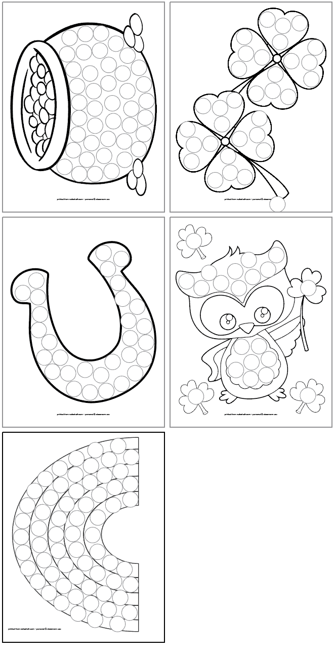 A preview of five black and white St. Patrick's Day themed dot marker coloring pages