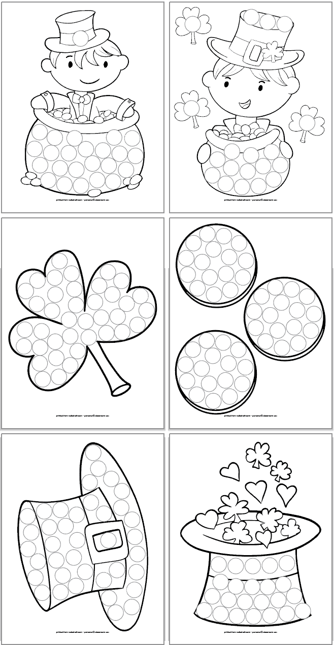 A preview of six black and white St. Patrick's Day themed dot marker coloring pages