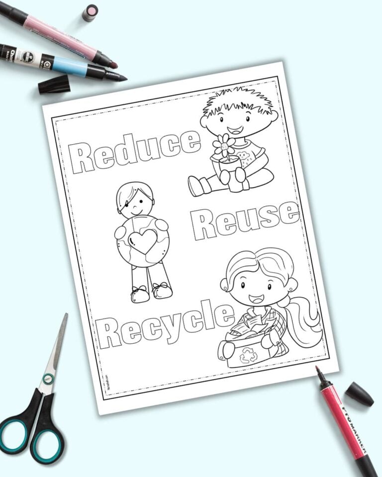 Free Printable Reduce Reuse Recycle Coloring Page - The Artisan Life