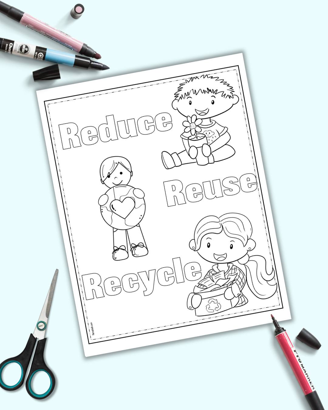 A coloring page with the text "reduce, reuse, recycle" and there children to color