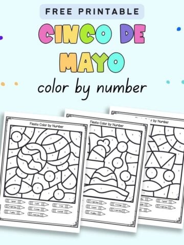 Text "Free printable Cinco de Mayo color by number" with a preview of three color by number pages for kindergarteners