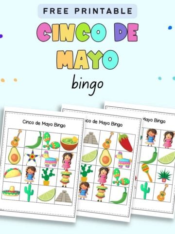 Text "free printable Cinco de Mayo bingo" with a preview of three picture bingo cards