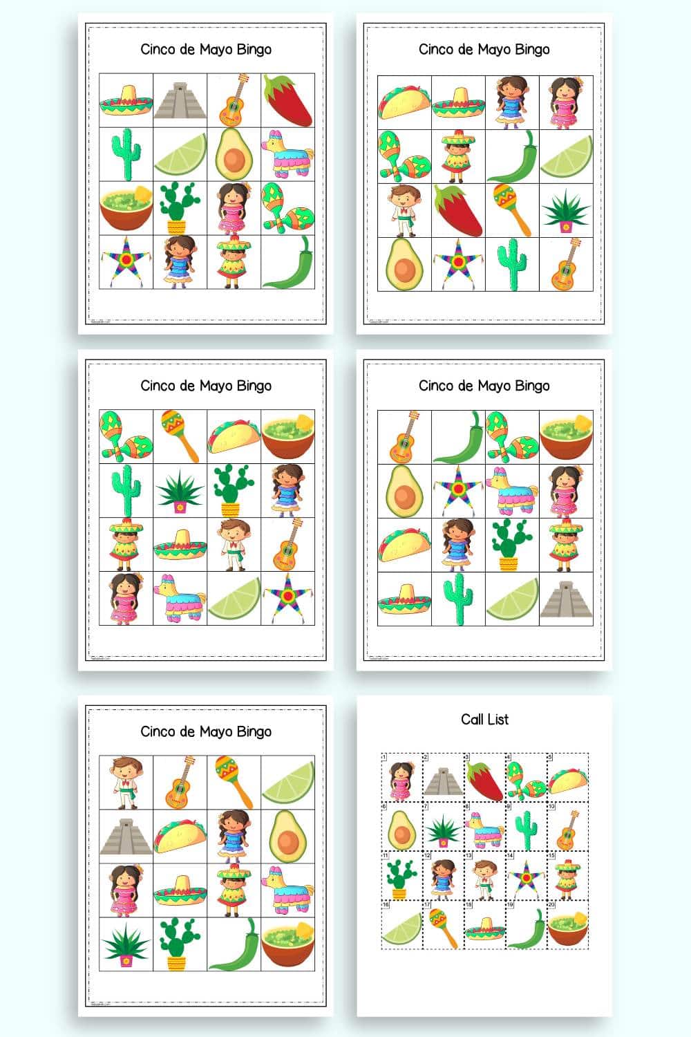 A preview of five 4x4 Cinco de Mayo bingo cards and a page of calling cards