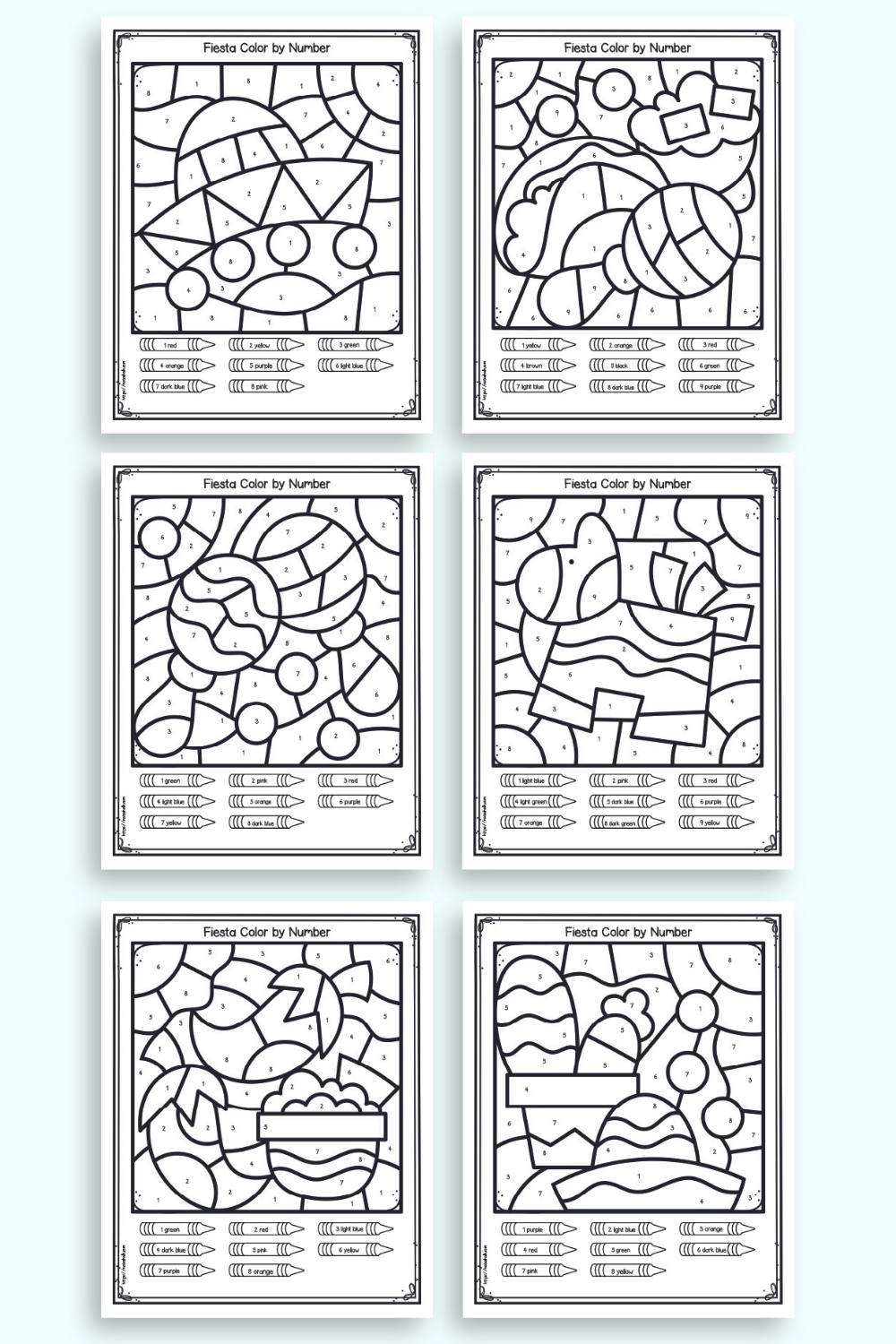 A preview of six pages of printable cinco de mayo themed color by number pages with numbers 1-9
