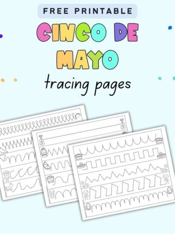 Text "free printable Cinco de Mayo tracing pages" with a preview of three pages with dotted lines for preschoolers to trace.