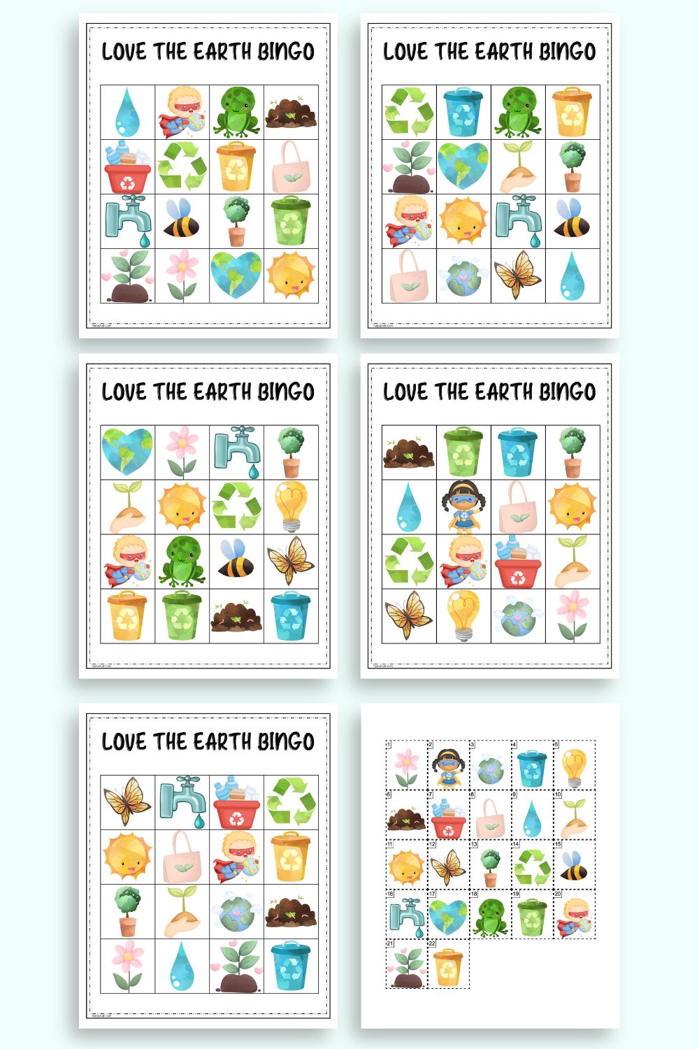 A preview of five pages of Earth Day picture bingo and one sheet of call cards