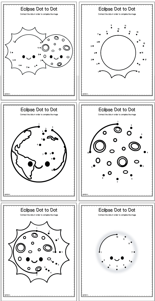 A preview of six connect the dots worksheets for preschool and kindergarten students with a solar eclipse theme
