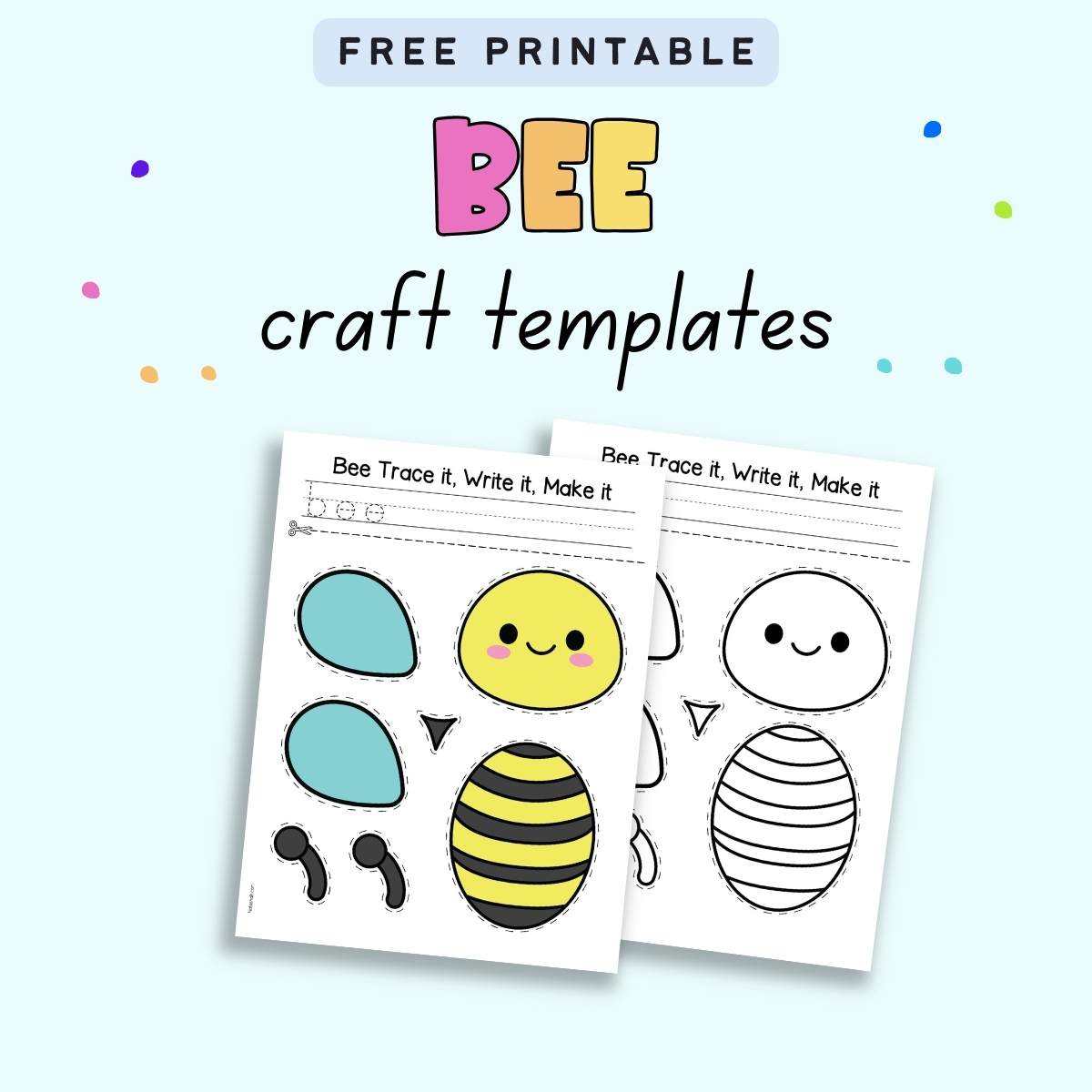 Text "free printable bee craft templates" with a preview of two pages of printable bee cut and paste craft. One is color and the other black and white.