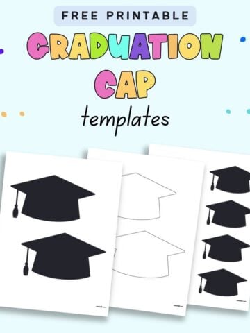 Text "free printable graduation cap templates" with a preview of three pages of printable template and outline