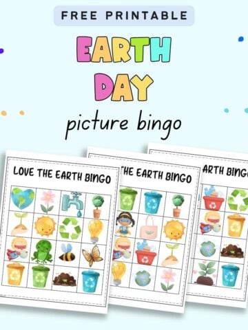 Text "free printable Earth Day picture bingo" with a preview of three picture bingo cards