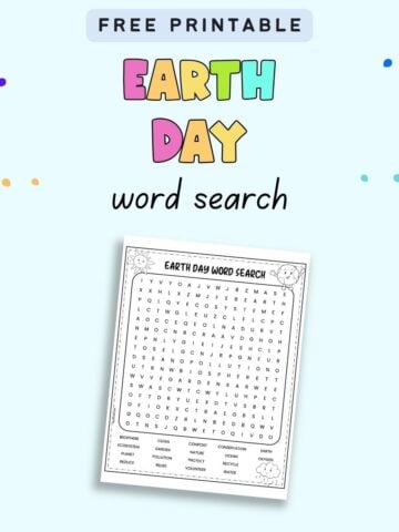 Text "free printable earth day word search" with a preview of a word search puzzle
