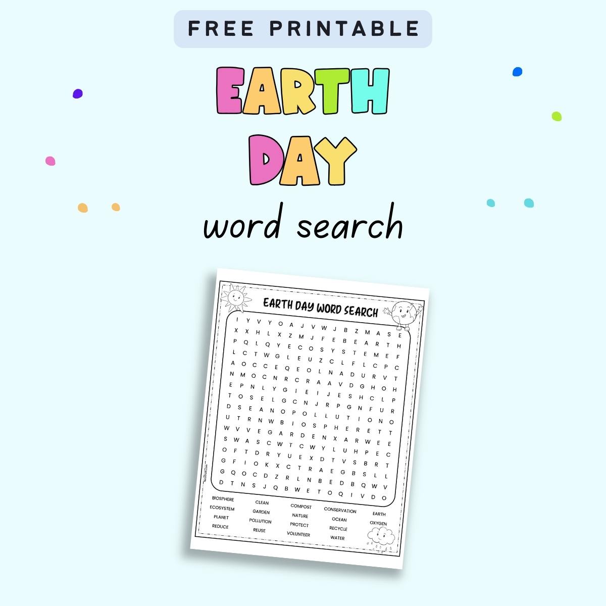 Text "free printable earth day word search" with a  preview of a word search puzzle