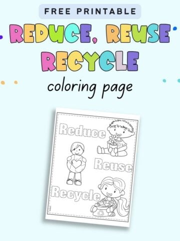 Text "free printable reduce, reuse, recycle coloring page" with a preview of an Earth Day coloring page for kids