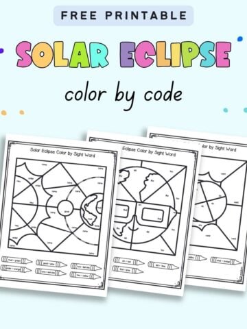 Text "Free printable solar eclipse color by code" with a preview of three sheets of color by sight word pages for kindergarten