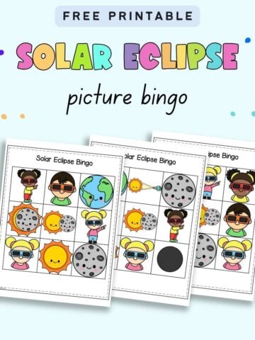 Text "free printable solar eclipse picture bingo" with a preview of three 3x3 bingo cards