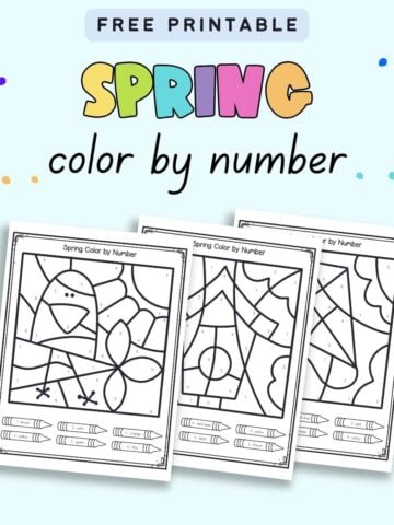 Text "free printable spring color by number" with a preview of three spring color by number pages