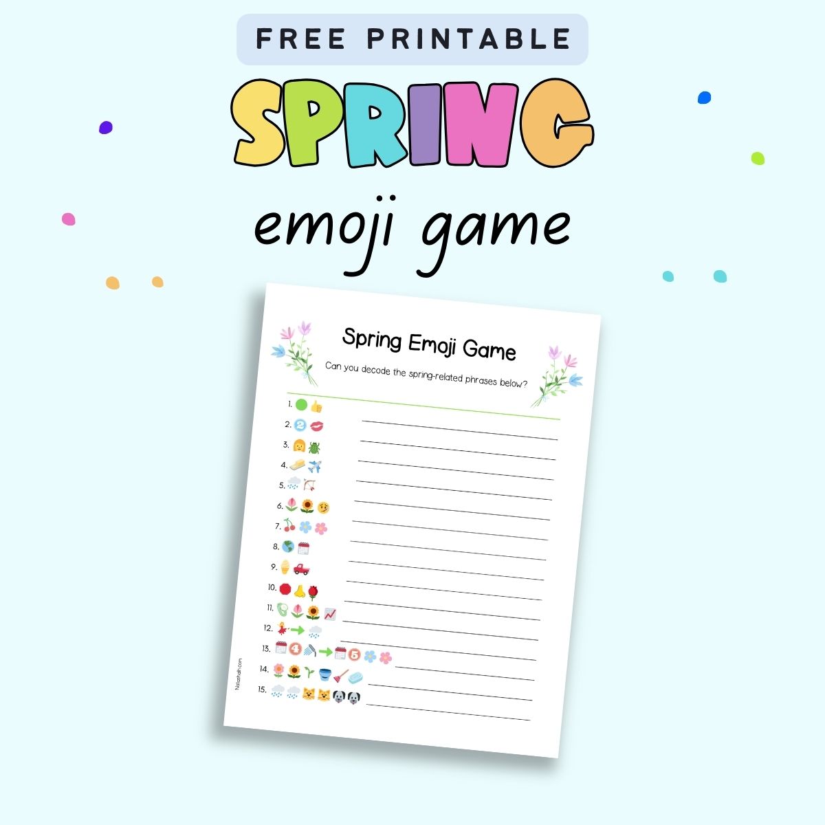 Text "free printable spring emoji game" with a spring emoji pictionary game with 15 different phrases to decode