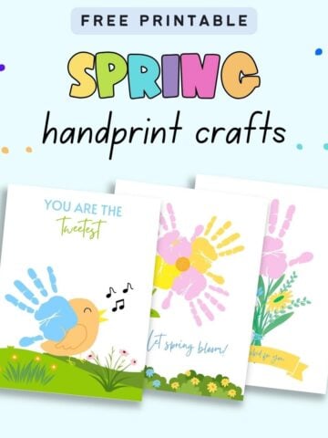 Text "free printable spring handprint crafts" with a preview of three spring themed handprint crafts