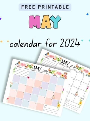 Text "free printable May 2024 calendar" with a preview of two pages of May calendar printable with filled in dates.