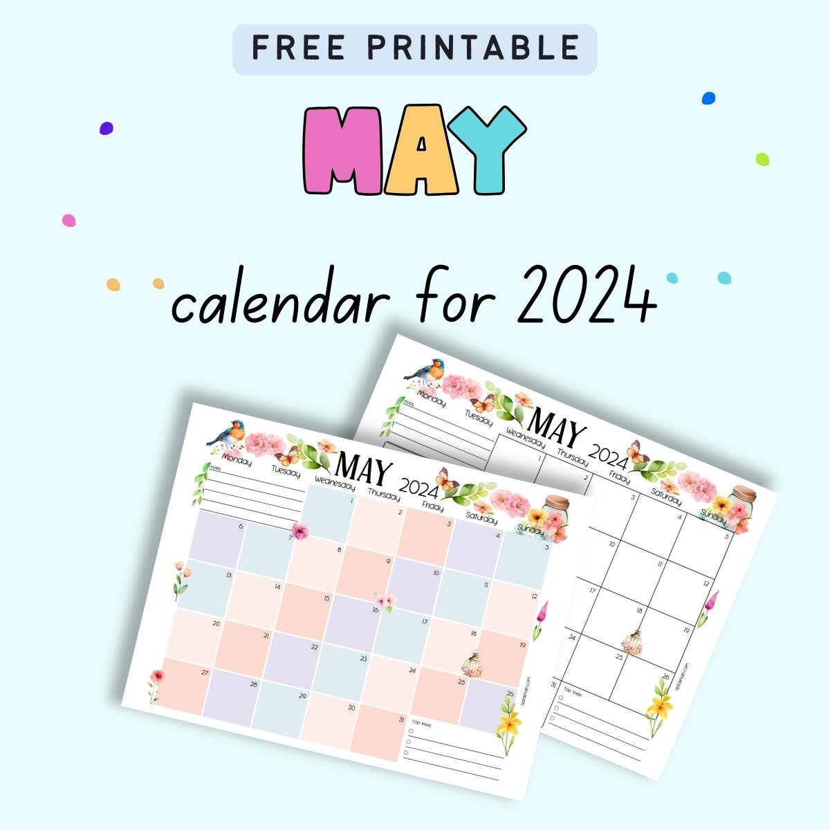 Text "free printable May 2024 calendar" with a preview of two pages of May calendar printable with filled in dates.