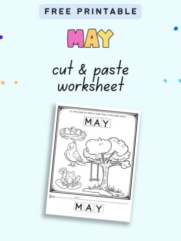 Text "free printable May cut & paste worksheet" with a preview of a worksheet with tiles to cut and paste the word "May" and pictures to color.