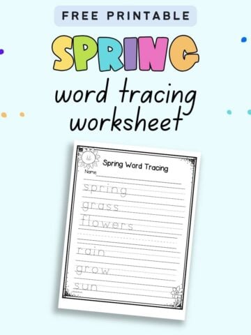 Text "free printable spring word tracing worksheet" with a preview of a worksheet with six spring vocabulary words to trace