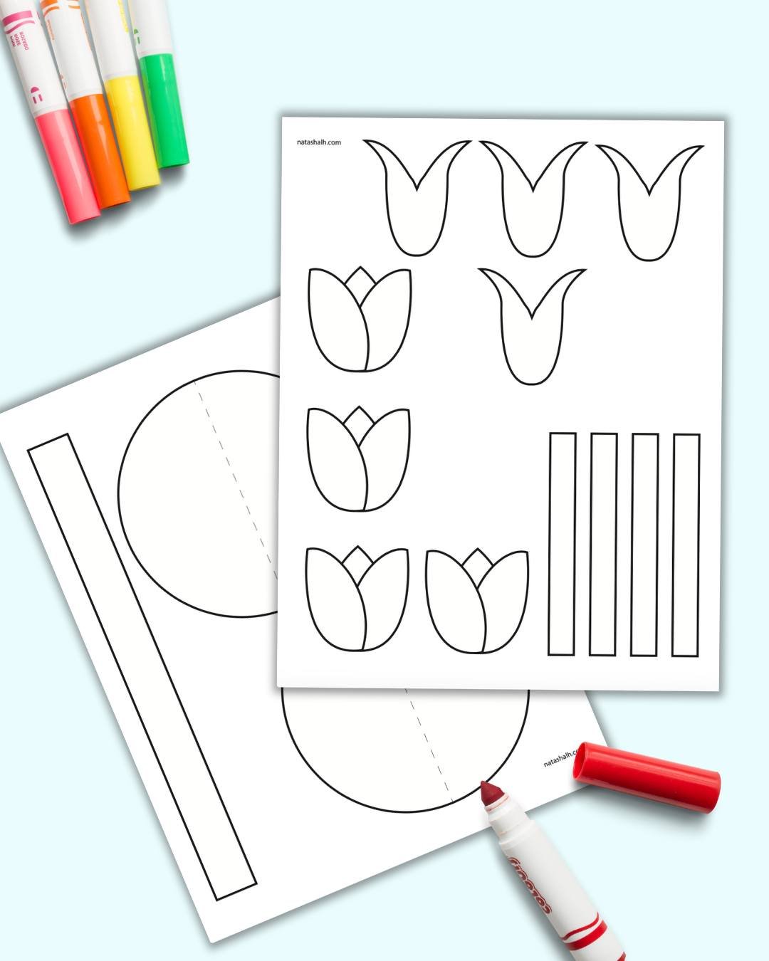 A mockup of two pages of printable craft with paper tulips and a paper basket