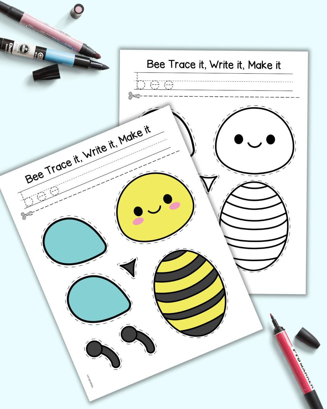 A preview of two pages of printable bumble bee template. One is color and the other black and white.