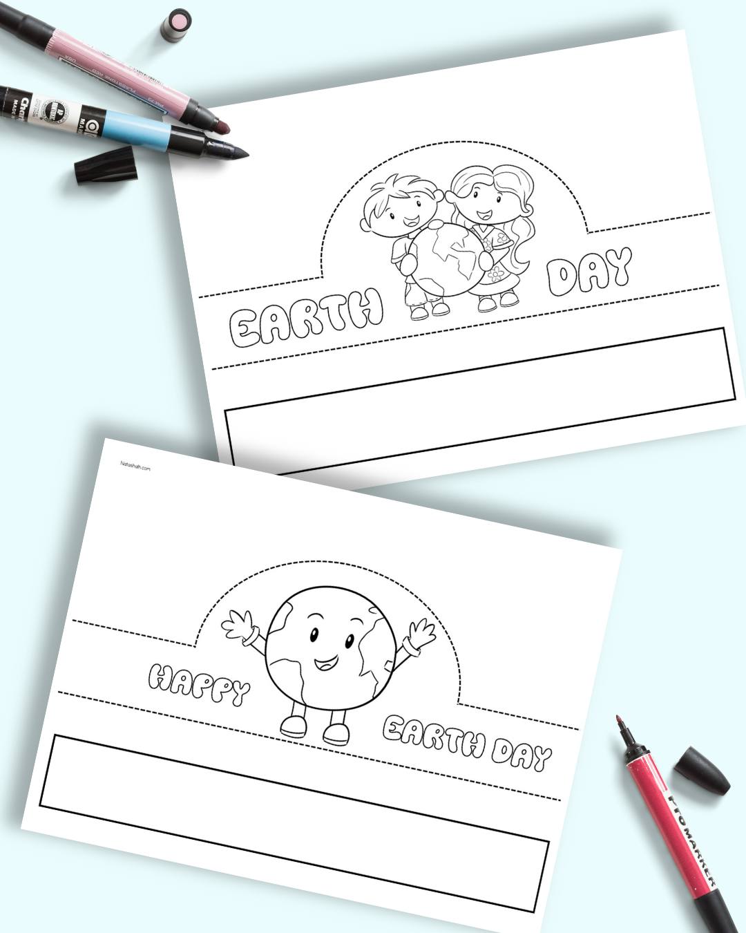 A preview of two pages of printable Earth Day crown. One says "Earth Day" and shows two children holding a globe. The other says "Happy Earth Day" and shoes a happy Earth.