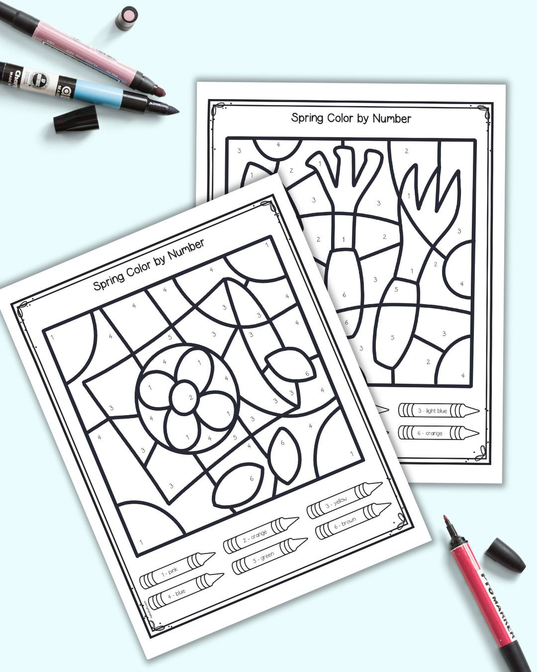 A preview of two pages of spring themed color by number worksheets. One has a seed packet and the other gardening tools