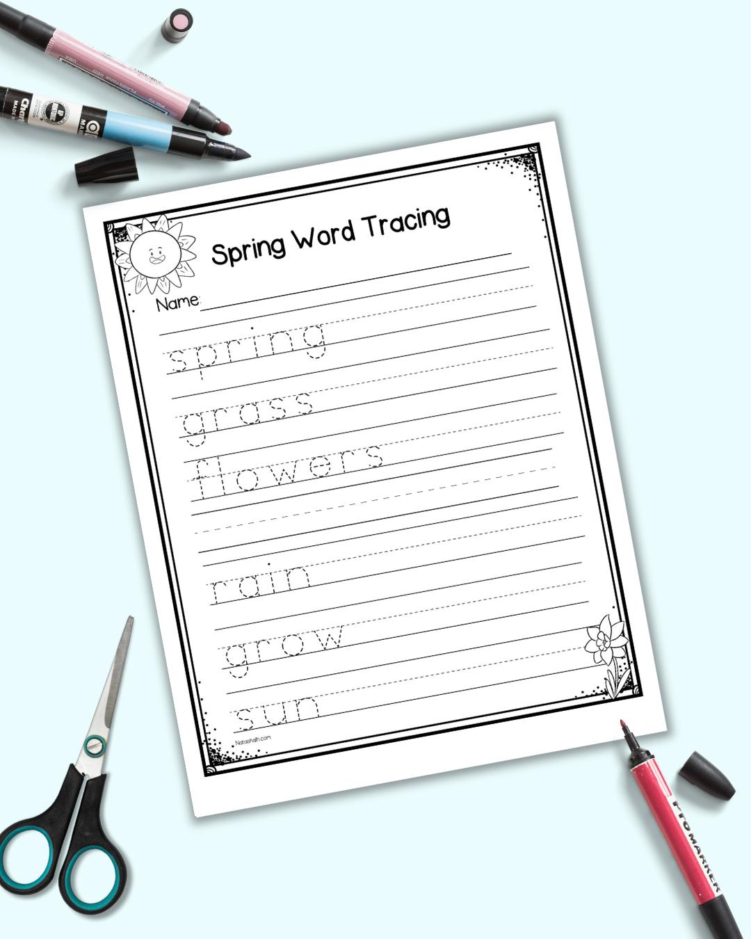 A mockup of a spring word tracing worksheet for kindergarteners on a light blue background