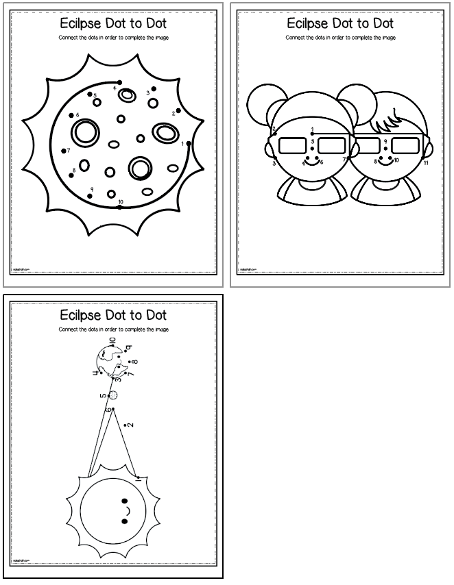 A preview of three connect the dots worksheets for preschool and kindergarten students with a solar eclipse theme