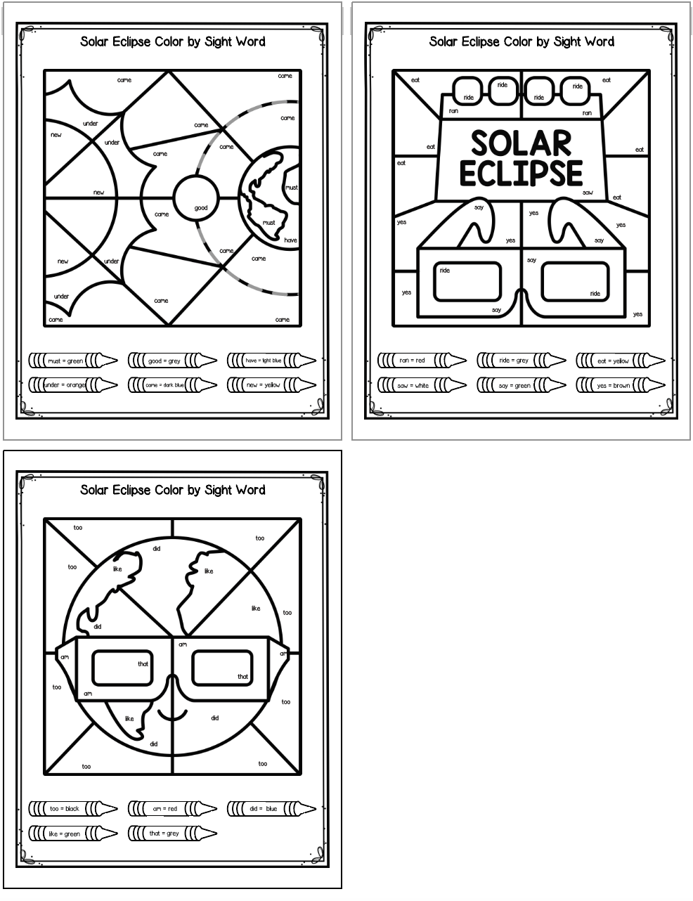 Three color by sight word eclipse pages including: the anatomy of an eclipse, solar eclipse glasses, and the earth wearing glasses
