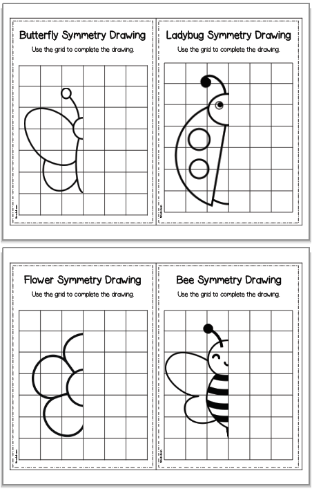 A preview of two sheets of spring symmetry drawings for kids. Each sheet has two images. Images include: a flower, a bee, a butterfly, and a ladybug.