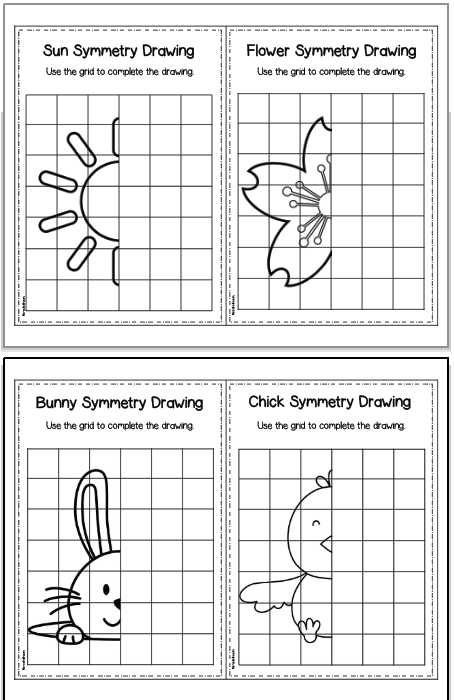 A preview of two sheets of spring symmetry drawings for kids. Each sheet has two images. Images include: a sun, a cherry blossom, a bunny, and a chick