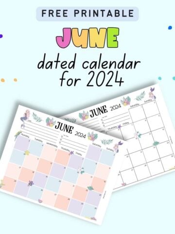 Text "free printable June dated calendar for 2024" with a preview of two pages of dated June 2024 calendar page with a tropical mermaid theme