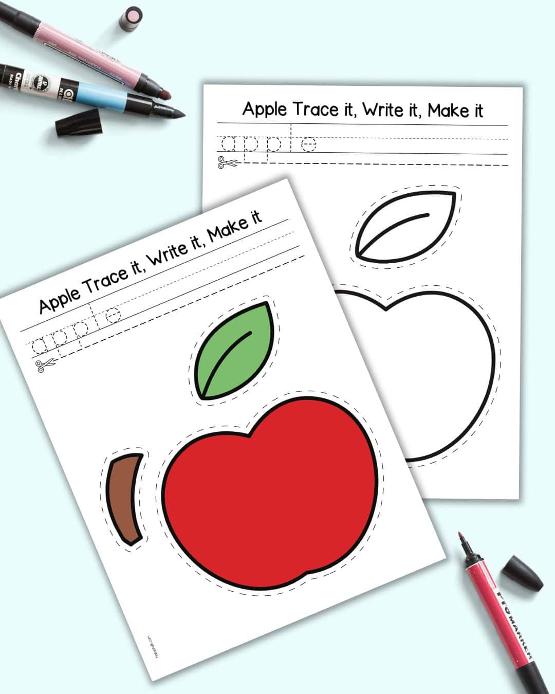 A preview of two pages of cut and paste apple craft with the space to trace and write "apple" as well as a cut and paste apple with a stem and leaf