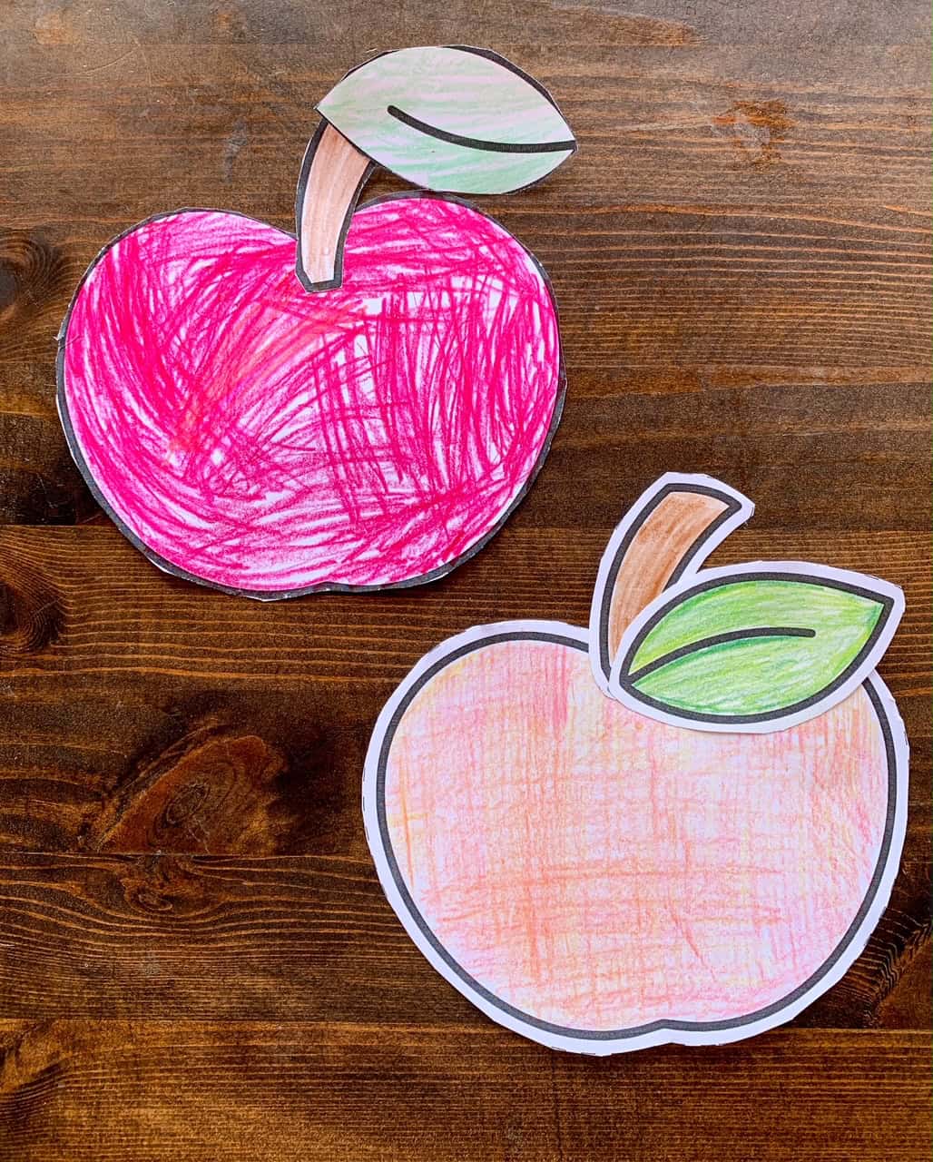 A top down photo of two completed cut and paste apple crafts
