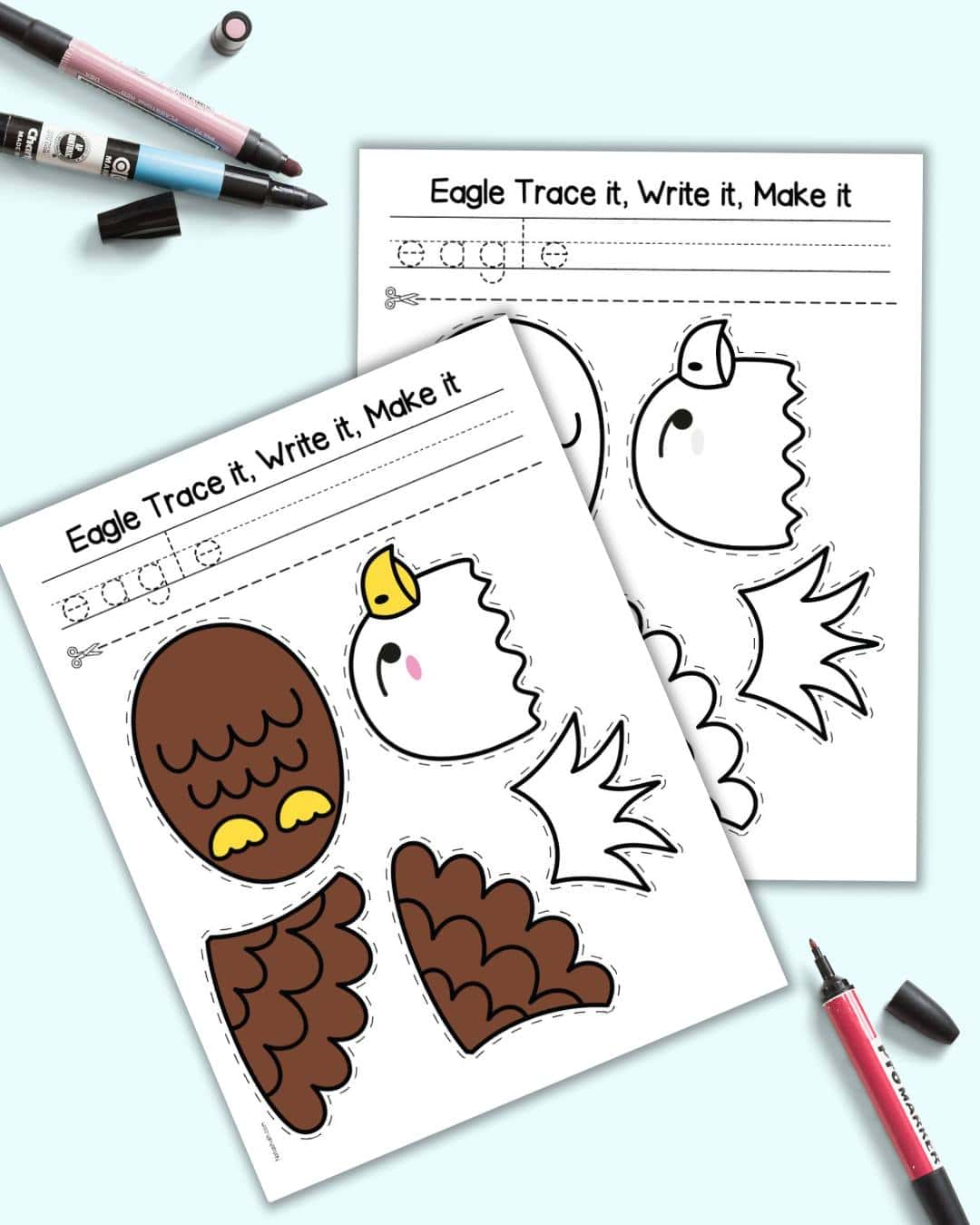 A preview of two pages of cut and paste eagle craft. One is in color and the other in black and white.