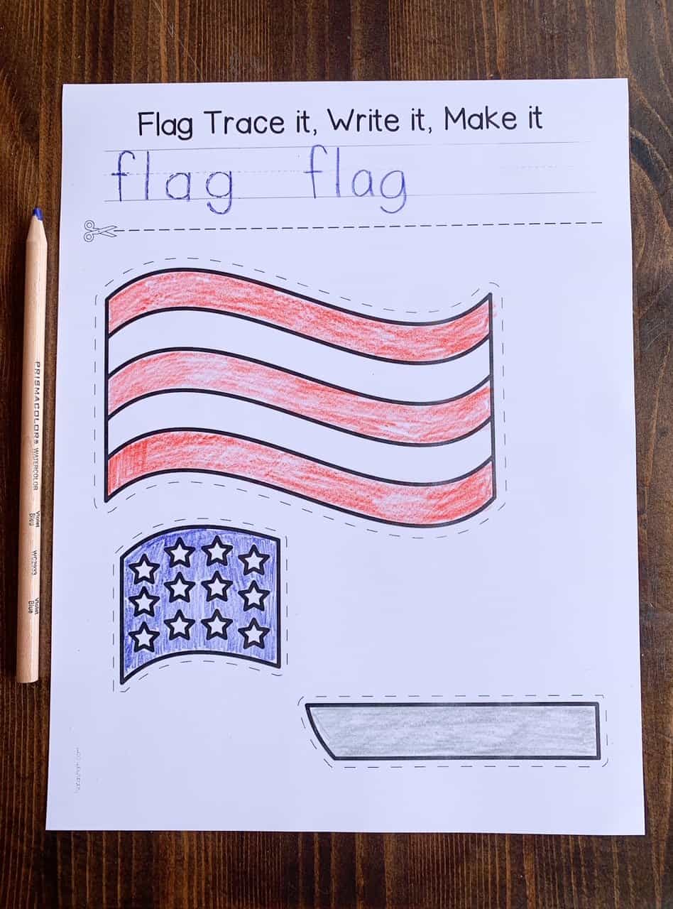A cut and paste American flag craft with a hand colored American flag.