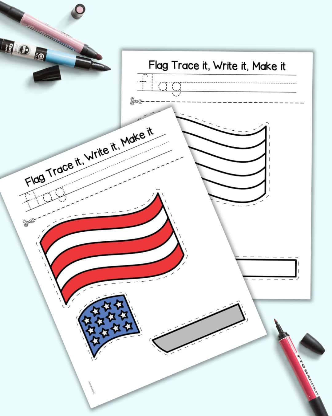 Two pages of printable flag craft with space to trace and write "flag" and a three part cut and paste craft. One page is color and the other black and white. 