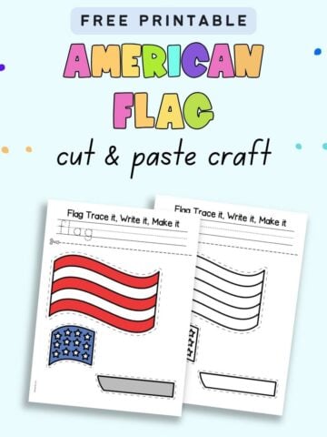 Test "free printable American flag cut and paste craft" with preview of two pages. Each page has space to trace and write the word flag and a three part craft. One is in color and the other in black and white.