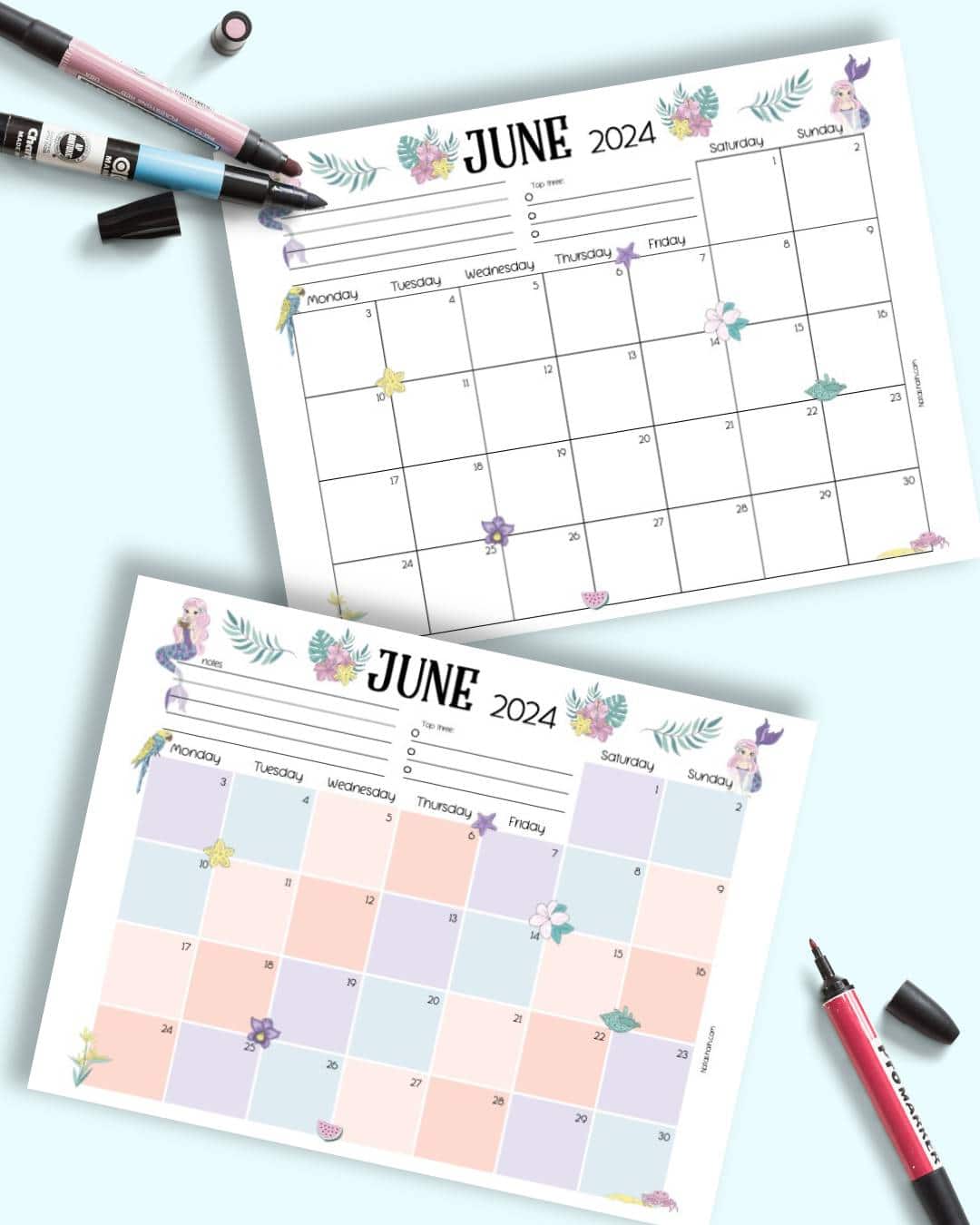 A preview of two pages of dated June 2024 calendar page with a tropical mermaid theme