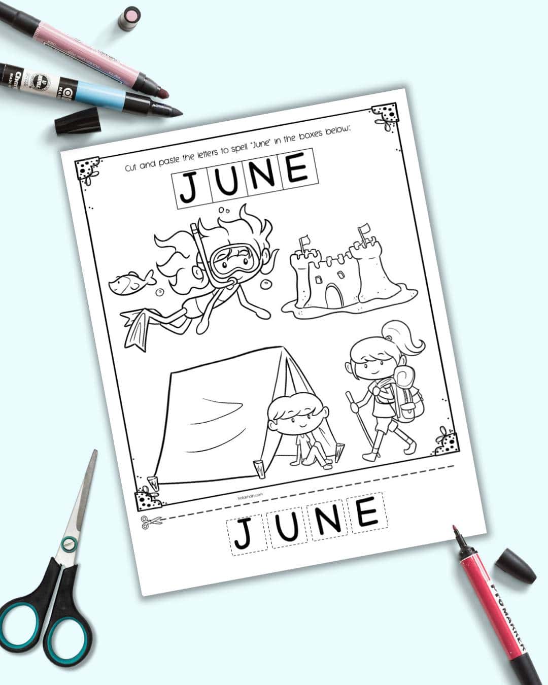 A preview of a coloring page with the letters for JUNE to cut and paste with a pair of scissors and markers