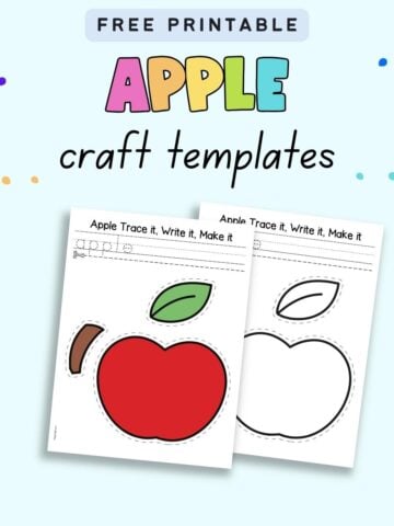 Text "free printable apple craft templates" with a preview of two pages of printable apple cut and paste craft. One is color and the other black and white.