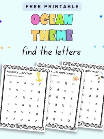 Text "free printable ocean theme find the letters" with a preview of three sheets for letters a, q, and z