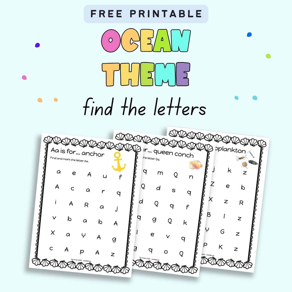 Text "free printable ocean theme find the letters" with a preview of three sheets for letters a, q, and z