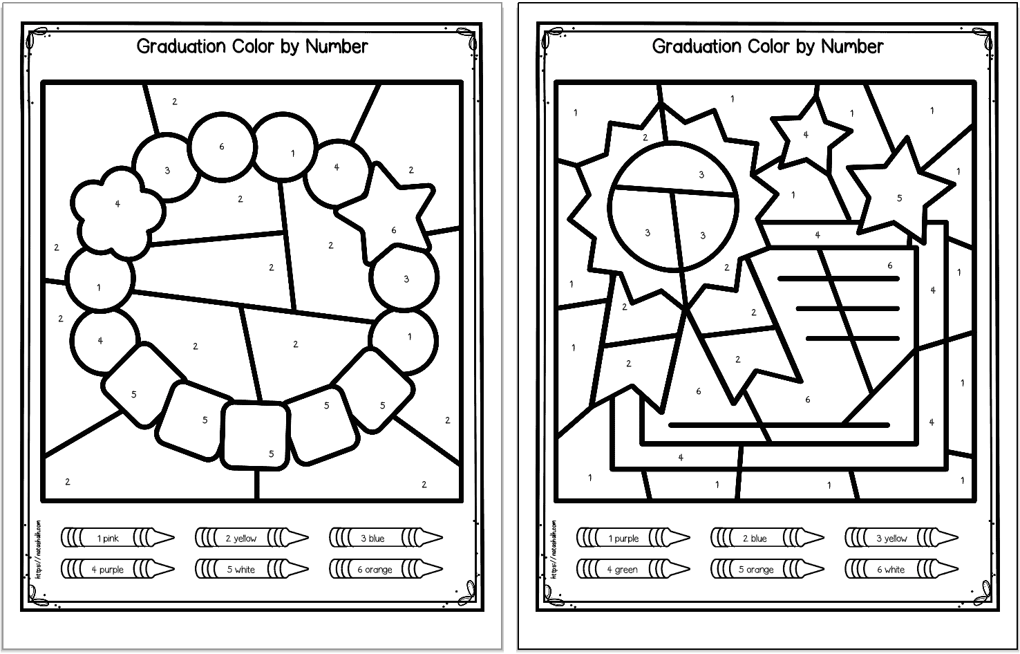 Two color by number pages. One shows a friendship bracelet and the other a ribbon and certificate. 