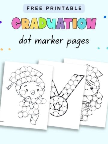Text "free printable graduation dot marker pages" with a preview of three preschool.kindergarten themed graduation coloring pages